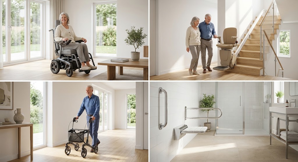 Electric wheelchair, stair lift, rollator and bathroom safety aids in a bright modern home